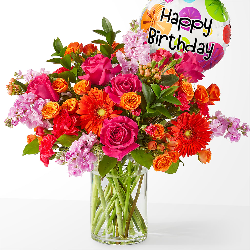 Fiesta Bouquet with Birthday Balloon – Daisy Day Florist, Avondale Estates GA