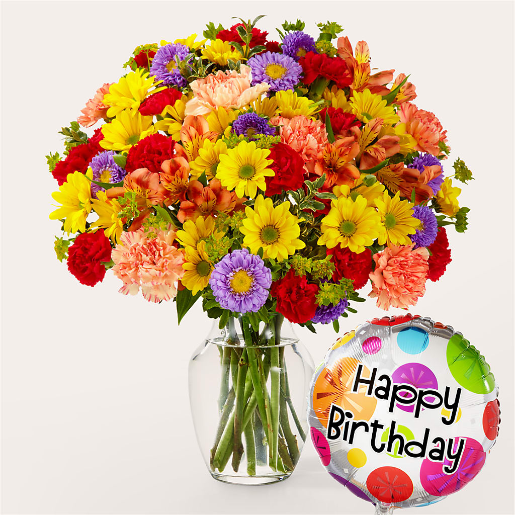 Kaleidoscope Bouquet with Birthday Balloon – Daisy Day Florist, Avondale Estates GA