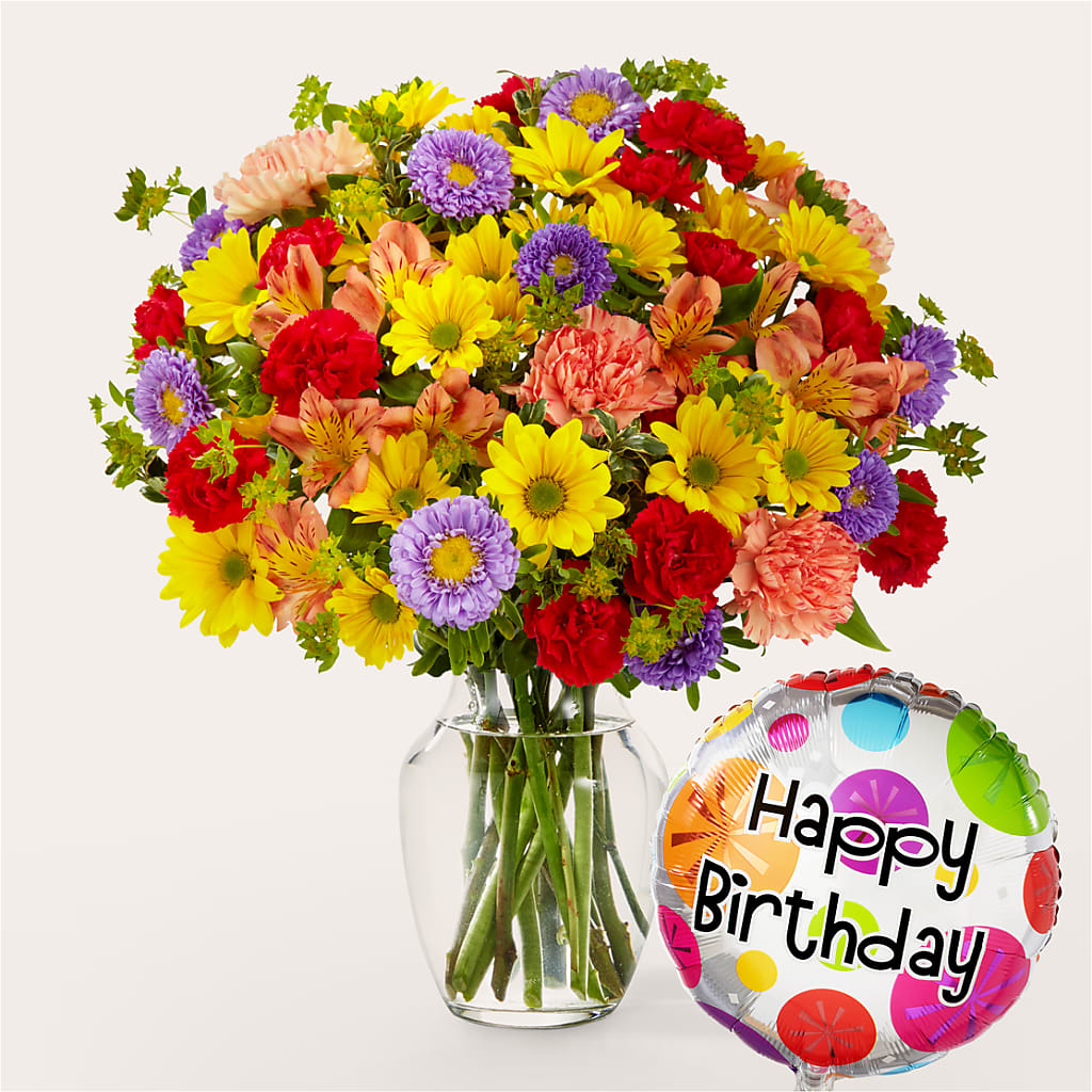 Kaleidoscope Bouquet with Birthday Balloon – Daisy Day Florist, Avondale Estates GA