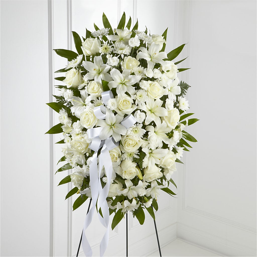 Exquisite Tribute Standing Spray-White Ribbon – Daisy Day Florist, Avondale Estates GA