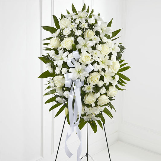 Exquisite Tribute Standing Spray-White Ribbon – Daisy Day Florist, Avondale Estates GA