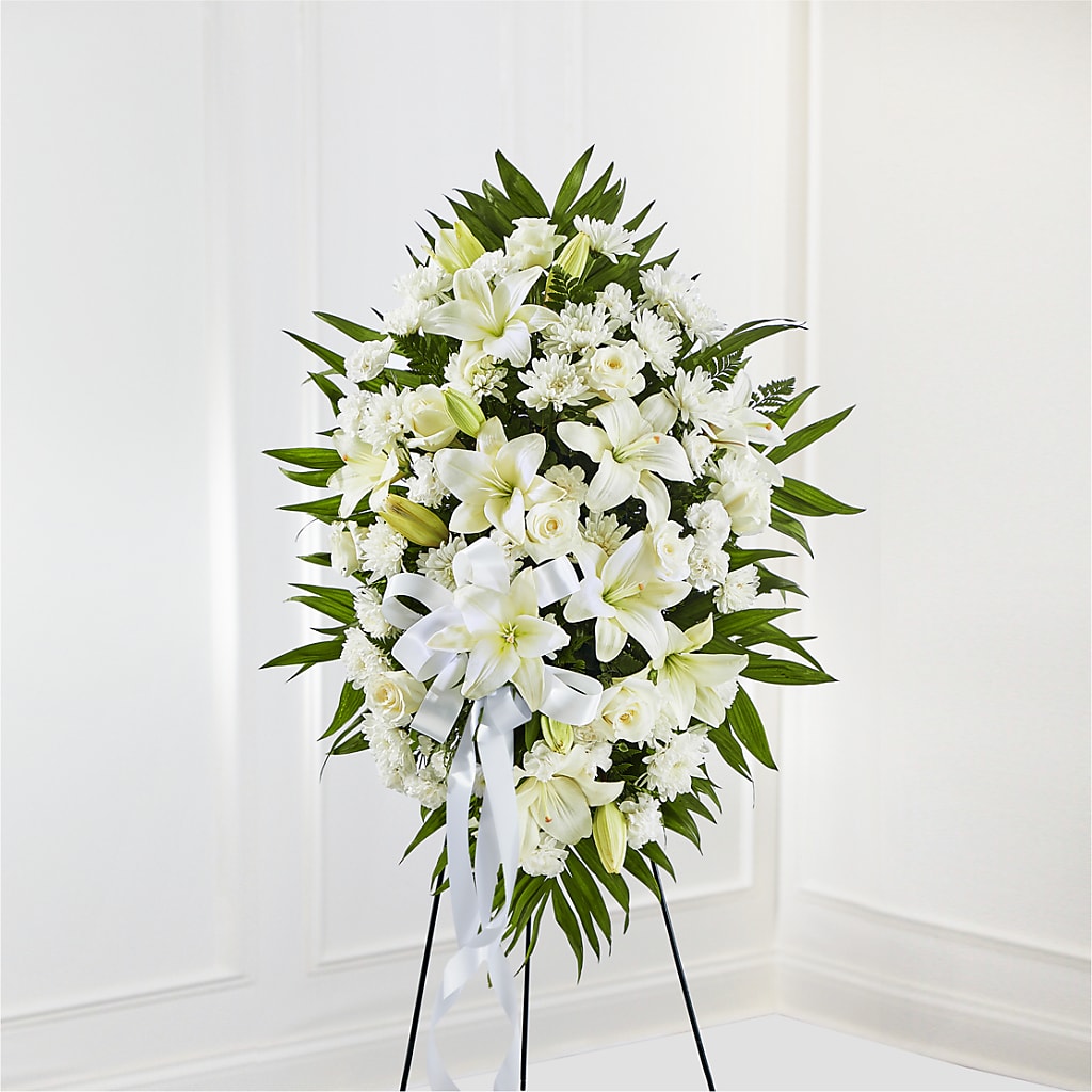 Exquisite Tribute Standing Spray-White Ribbon – Daisy Day Florist, Avondale Estates GA
